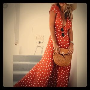 Red & White Polka Dot Plunge Maxi Dress